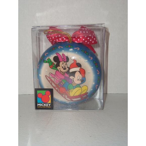 Mickey Minnie Mouse Sledding Ornament Ribbon Blue Unlimited Christmas -021604 - Picture 1 of 3